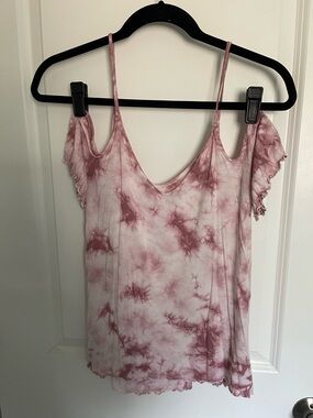 American Eagle Outfitters Pink Tie-Dye Spaghetti Strap Off-Shoulder V-Neck Top